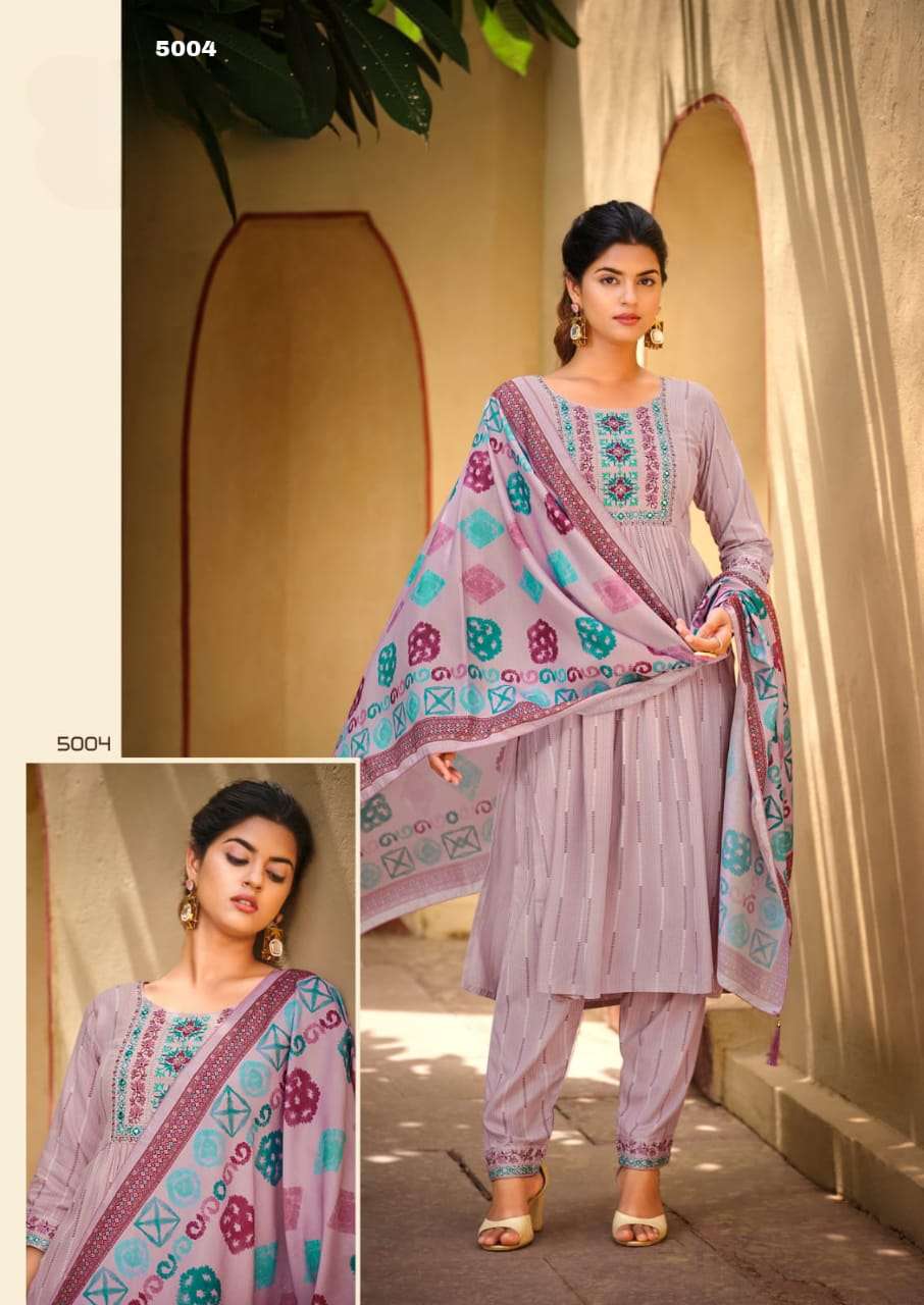 GULMAHOR VOL 2 PREMIUM LIVA TAG RAYON THREAD AND HANDWORK KURTI WITH PANT AND MUSLIN DIGITAL PRINT DUPATTA BY S3FOREVER BRAND 5004